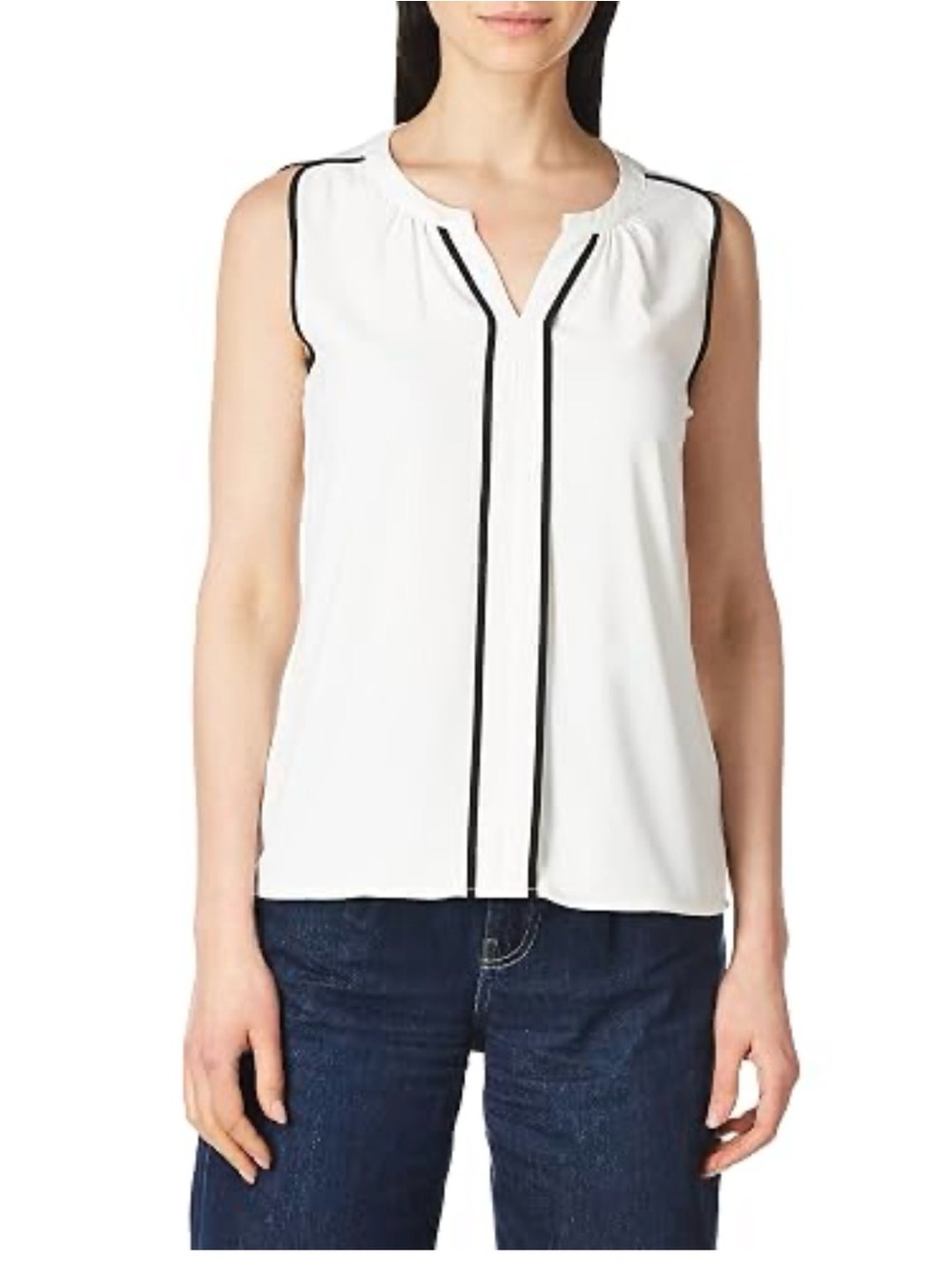 Calvin Klein Sleeveless White V-Neck Blouse with Black Piping